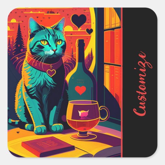 Gepersonaliseerde Sunset Cat boeken en wijn Vierkante Sticker (Voorkant)