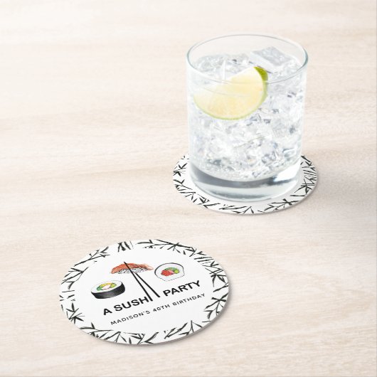 Gepersonaliseerde Sushi Birthday Black White Ronde Kartonnen Onderzetter (Insitu)
