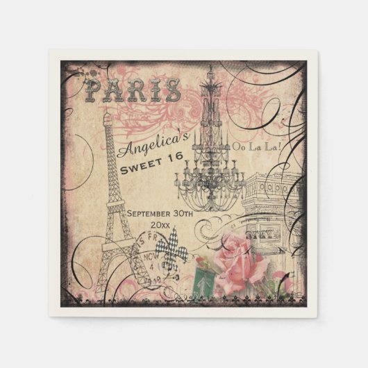 Gepersonaliseerde Sweet 16 Eiffeltoren en kroonluc Servet (Voorkant)