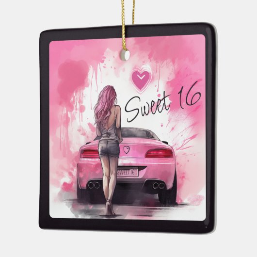 Gepersonaliseerde Sweet 16 Roze Auto en Meisje Ker Keramisch Ornament (Links)