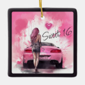 Gepersonaliseerde Sweet 16 Roze Auto en Meisje Ker Keramisch Ornament (Voorkant)