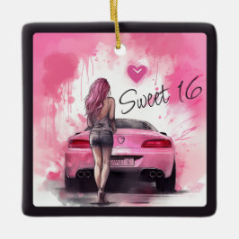 Gepersonaliseerde Sweet 16 Roze Auto en Meisje Ker Keramisch Ornament