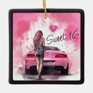 Gepersonaliseerde Sweet 16 Roze Auto en Meisje Ker Keramisch Ornament