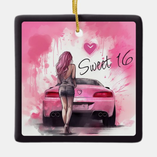 Gepersonaliseerde Sweet 16 Roze Auto en Meisje Ker Keramisch Ornament (Voorkant)
