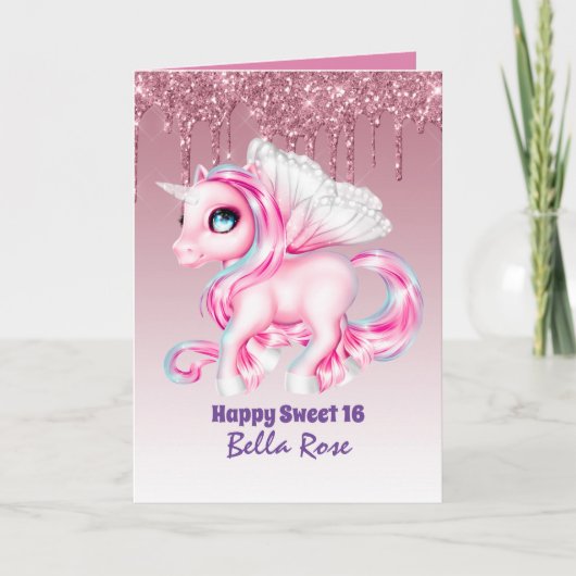 Gepersonaliseerde Sweet 16 Unicorn Birthday Kaart (Voorkant)