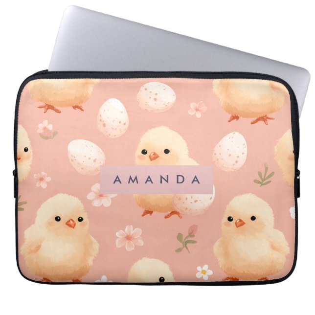 Gepersonaliseerde Sweet Pastel Baby Chick Pattern Laptop Sleeve (Voorkant)