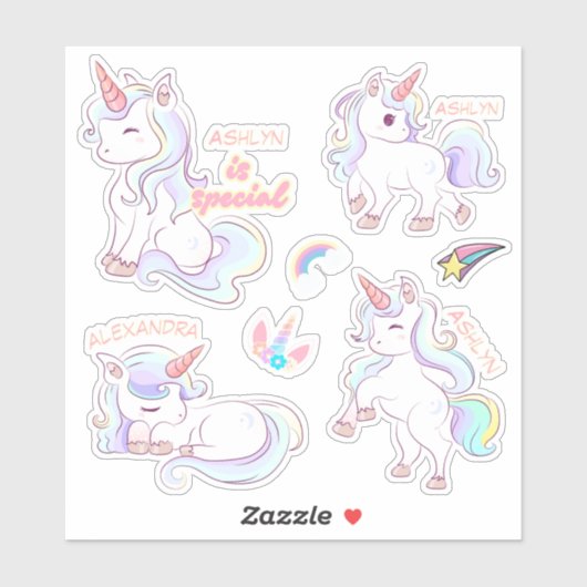 Gepersonaliseerde Sweet Snoep Kleur Unicorn Naam L Sticker (Vel)