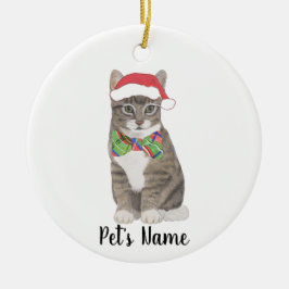Gepersonaliseerde Tabby Cat (Grey) Santa Hat & Bow Keramisch Ornament