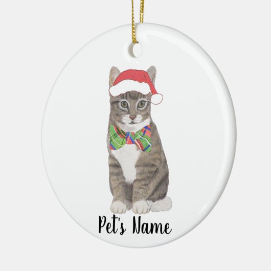 Gepersonaliseerde Tabby Cat (Grey) Santa Hat & Bow Keramisch Ornament (Links)