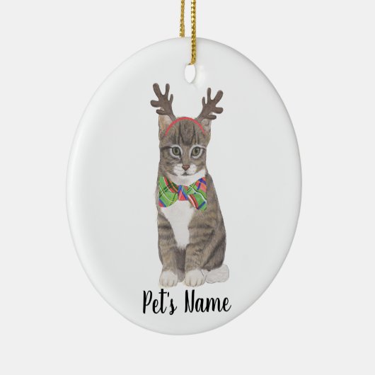 Gepersonaliseerde Tabby Cat (grijs) gewei & boog S Keramisch Ornament (Rechts)