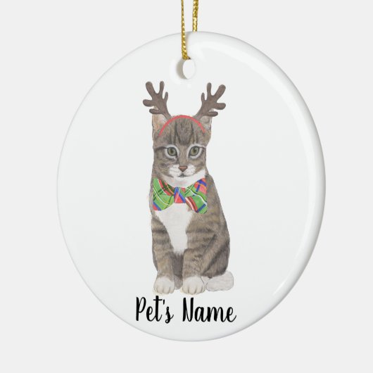 Gepersonaliseerde Tabby Cat (grijs) gewei & boog S Keramisch Ornament (Links)