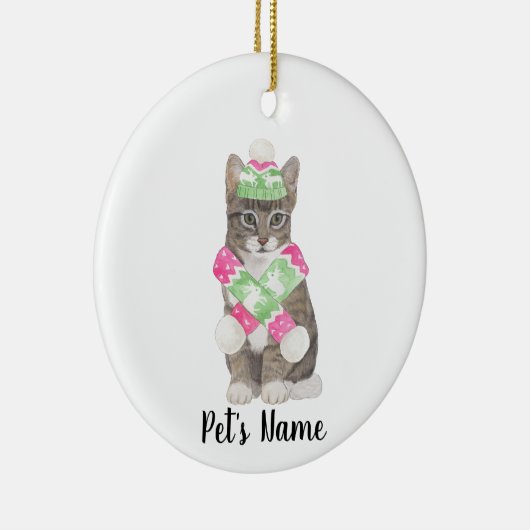 Gepersonaliseerde Tabby Cat (Grijs) Roze & Groene  Keramisch Ornament (Rechts)