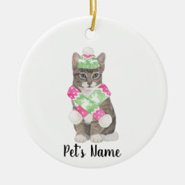 Gepersonaliseerde Tabby Cat (Grijs) Roze & Groene  Keramisch Ornament