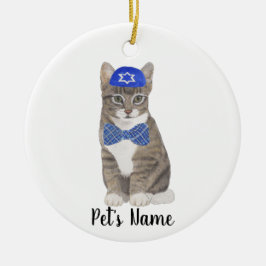 Gepersonaliseerde Tabby Cat (Grijs) Yarmulke & Bow Keramisch Ornament