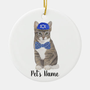 Gepersonaliseerde Tabby Cat (Grijs) Yarmulke & Bow Keramisch Ornament
