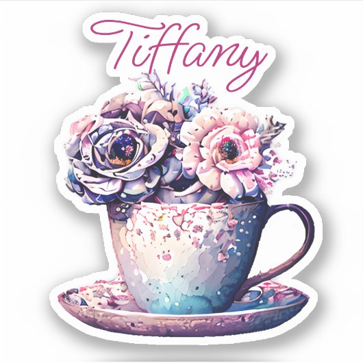 Gepersonaliseerde Tea Cup of Flowers Sticker (Voorkant)