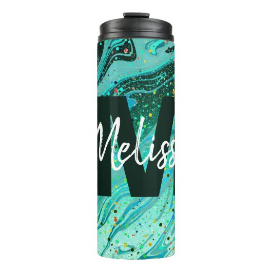 Gepersonaliseerde Teal glittersparel Thermatische Thermosbeker (Voorkant)