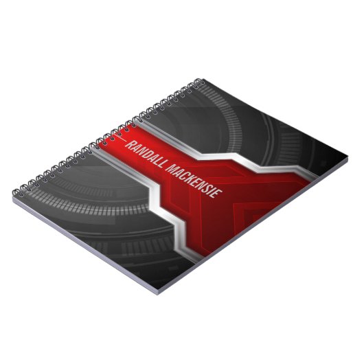 Gepersonaliseerde techno-thema rood en zwart notitieboek (Linkerzijde)