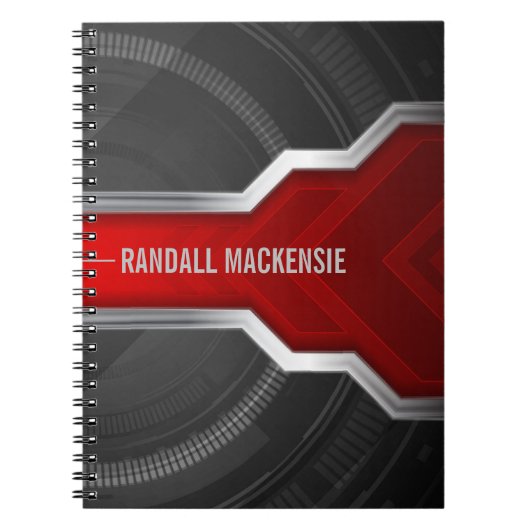 Gepersonaliseerde techno-thema rood en zwart notitieboek (Voorkant)