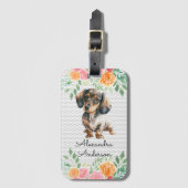Gepersonaliseerde Teckel Puppy Waterverf Bloemen Bagagelabel (Voorkant (verticaal))