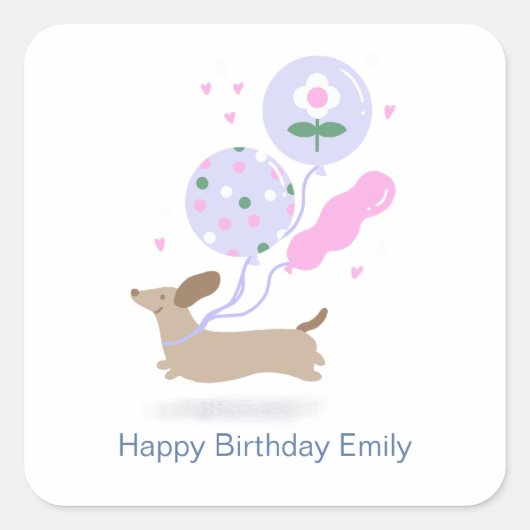 Gepersonaliseerde Teckel Verjaardagsfeest Hondenli Vierkante Sticker (Voorkant)