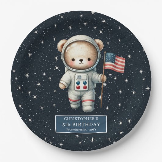 Gepersonaliseerde Teddy Astronaut Boy Party Bord (Voorkant)