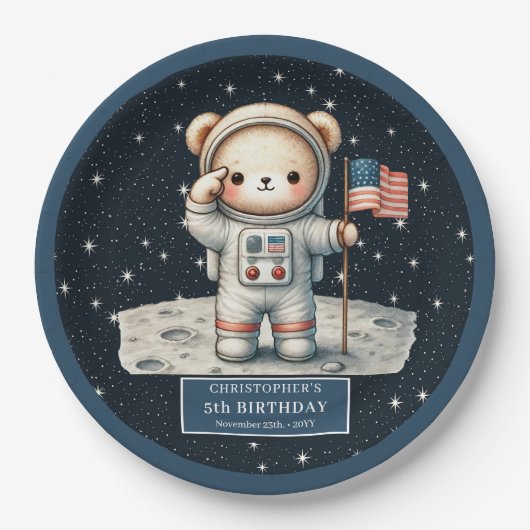 Gepersonaliseerde Teddy Astronaut Boy Party Bord (Voorkant)