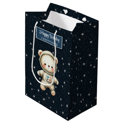 Gepersonaliseerde Teddy Astronaut Boy Verjaardag G Medium Cadeauzakje (Voorkant Gekanteld)