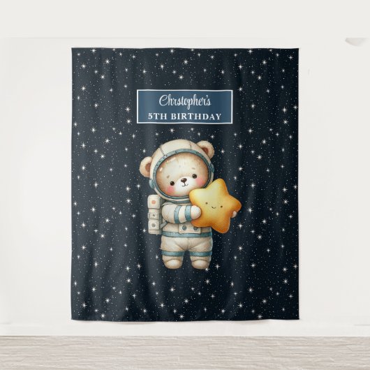 Gepersonaliseerde Teddy Bear Astronaut Party Tapes Wandkleed (Voorkant)