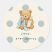 Gepersonaliseerde Teddy Bear Boy Baby shower Stick Ronde Sticker (Voorkant)