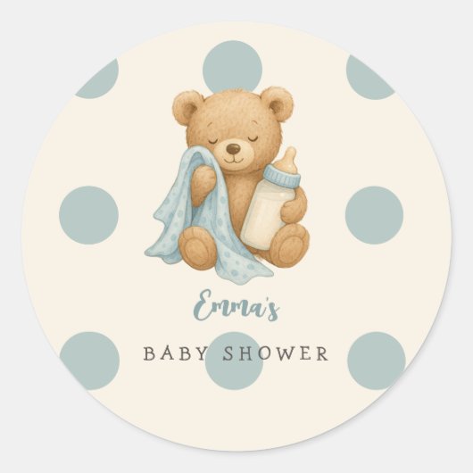 Gepersonaliseerde Teddy Bear Boy Baby shower Stick Ronde Sticker (Voorkant)