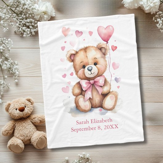 Gepersonaliseerde Teddy Bear Pink Bow Hearts Baby  Fleece Deken