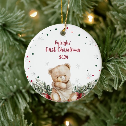 Gepersonaliseerde teddybeer eerste kerst keramisch ornament (Boom)