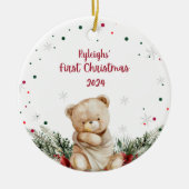Gepersonaliseerde teddybeer eerste kerst keramisch ornament (Voorkant)