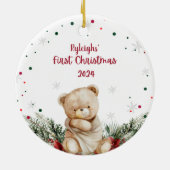 Gepersonaliseerde teddybeer eerste kerst keramisch ornament (Achterkant)