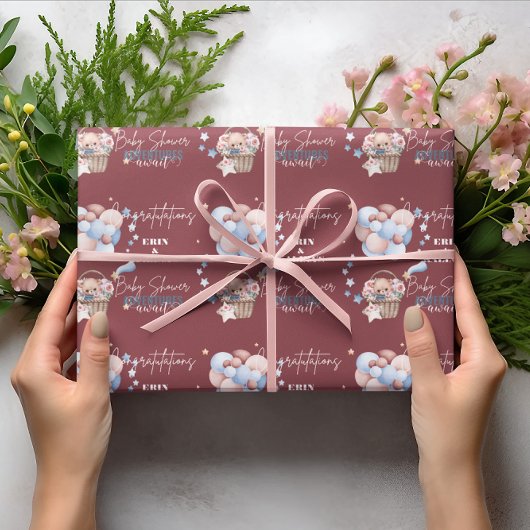 Gepersonaliseerde Teddybeer en ballon Baby shower Cadeaupapier