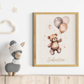 Gepersonaliseerde Teddybeer met ballonnen kwekerij Poster