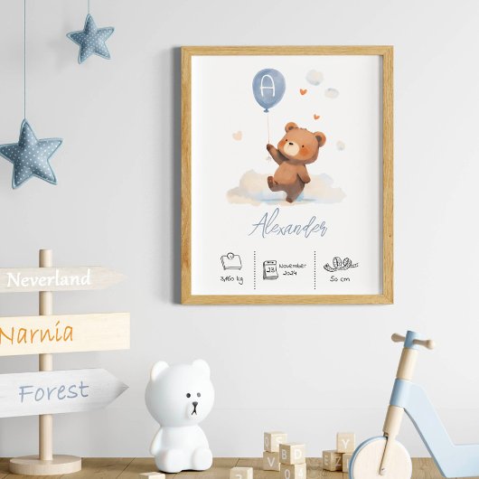 Gepersonaliseerde Teddybeer met ballonnen kwekerij Poster