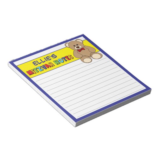 Gepersonaliseerde teddybeer Mitswa geel blauw Notitieblok (Schuin)