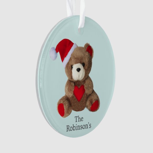 Gepersonaliseerde teddybeer op lichtblauw ornament (voorkant)