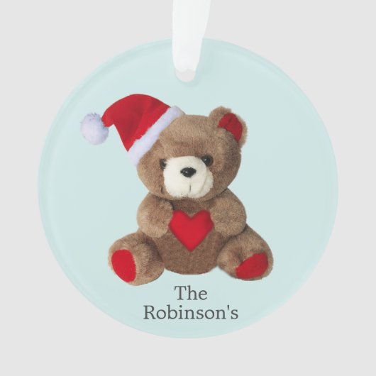 Gepersonaliseerde teddybeer op lichtblauw ornament (voorkant)