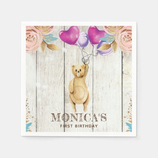 Gepersonaliseerde Teddybeer Rustieke Verjaardag Servet (Voorkant)