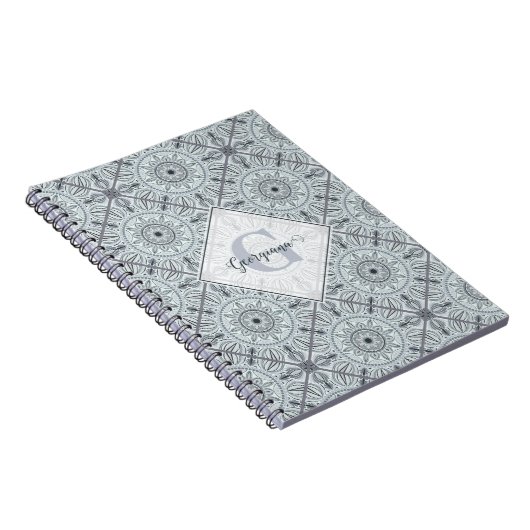 Gepersonaliseerde tegelbloemenharmonie grijs manda notitieboek (Rechterzijde)