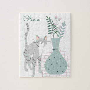 Gepersonaliseerde tekening van kat en Boho-bloemen Legpuzzel