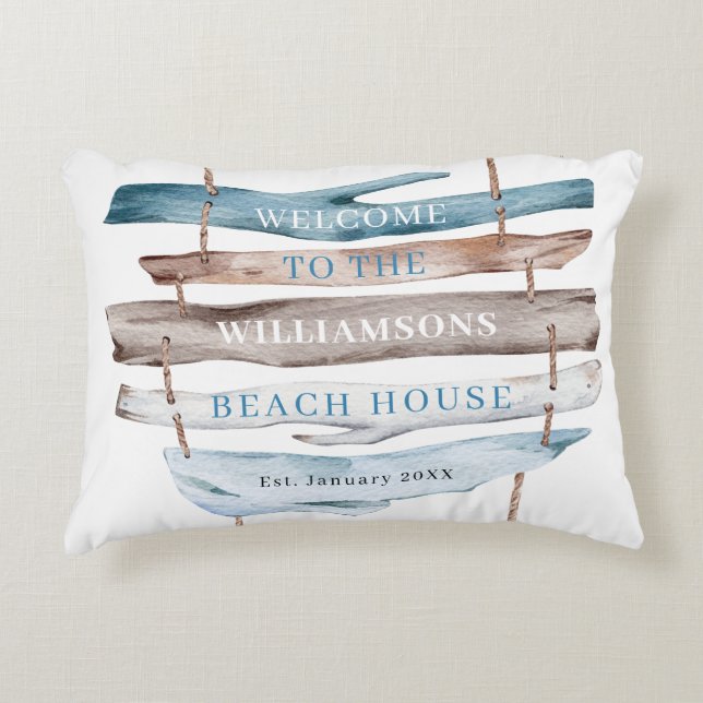 Gepersonaliseerde tekst, Beach Coastal Driftwood T Accent Kussen (Voorkant)