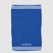 Gepersonaliseerde tekst en drie strepen op Royal B Golfhanddoek (Voorkant)