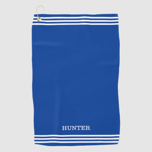 Gepersonaliseerde tekst en drie strepen op Royal B Golfhanddoek (Voorkant)