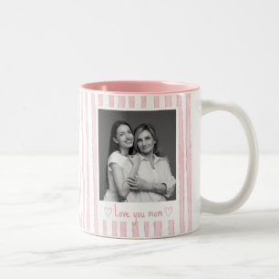 Gepersonaliseerde tekst foto roze strepen Coquette Tweekleurige Koffiemok