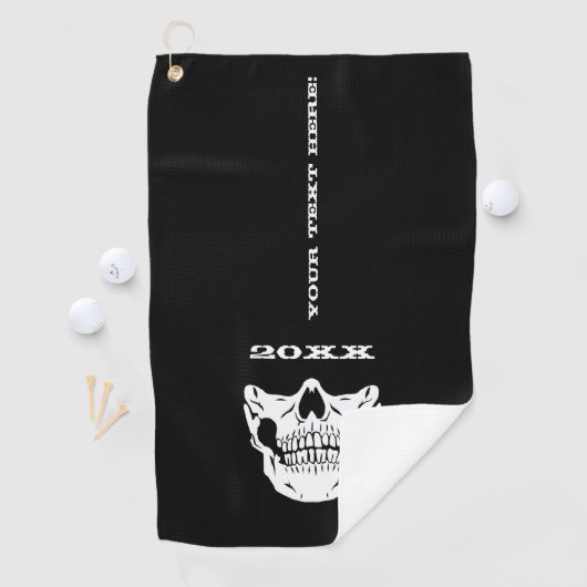 Gepersonaliseerde tekst zwarte schedel halve ruimt golfhanddoek (Insitu)