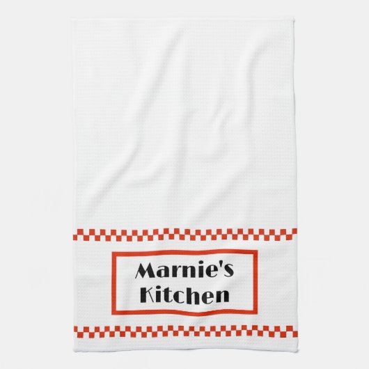 Gepersonaliseerde theedoek van zwart en rood op wi (Verticaal)
